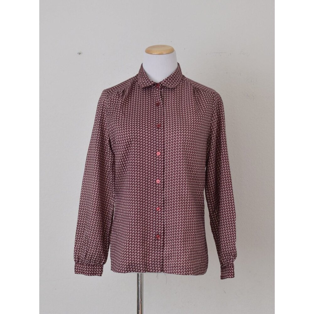 Vintage 80s Burgundy‎ Ditsy Floral Polyester Button up Blouse by Panther